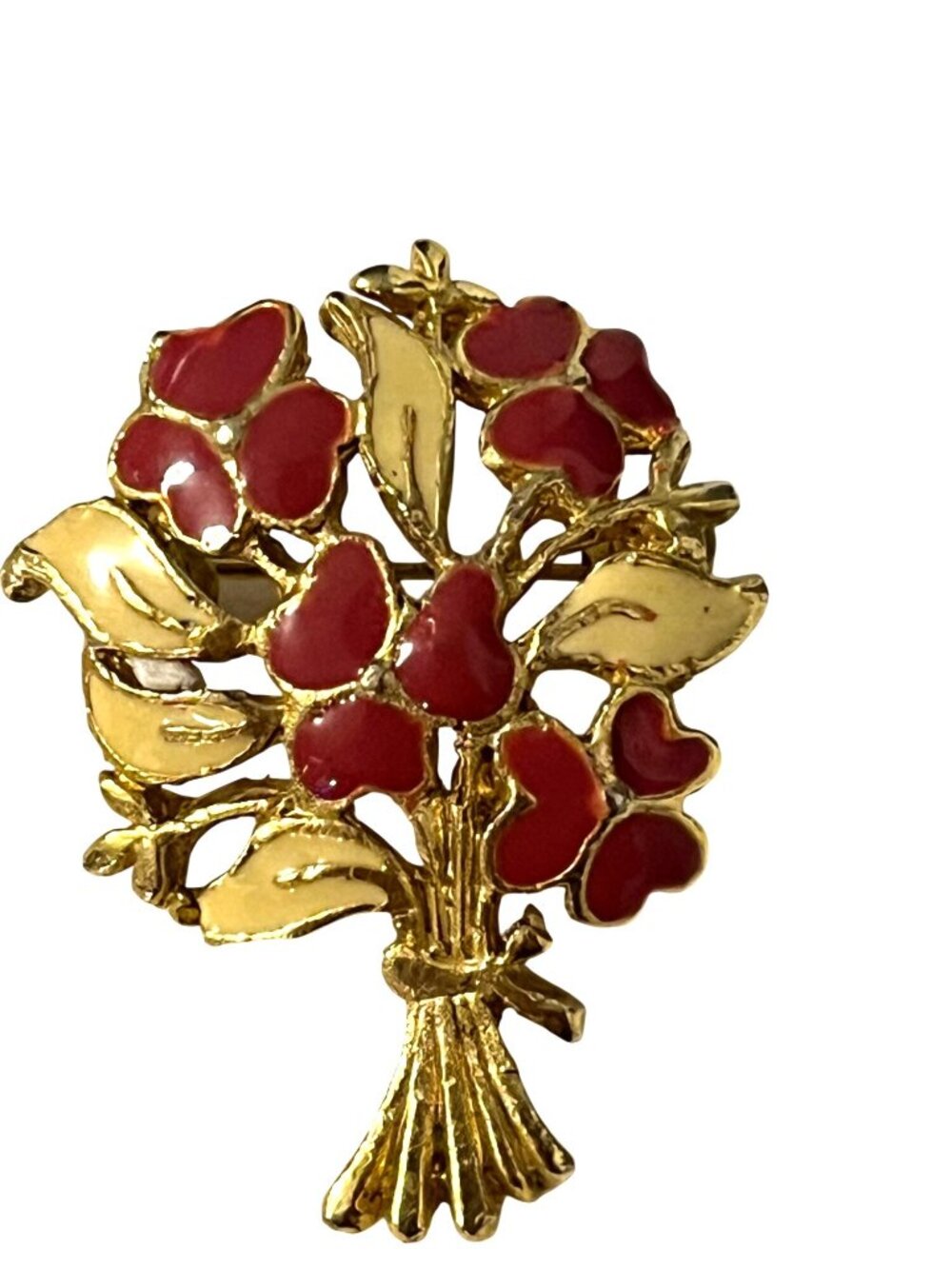 Vintage Gold Tone Red Enamel Flower Bouquet Brooch Floral Pin Statement